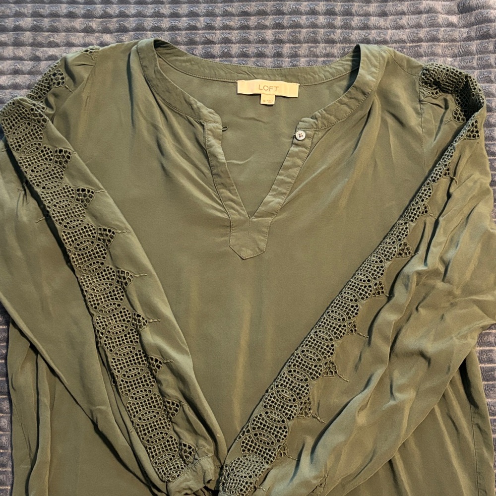 LOFT Olive Green Crochet-look Trim Long Sleeve Tunic